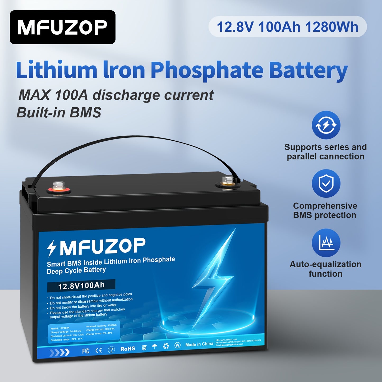 12V LiFePO4 Accu – Lithium Batterij – Deep Cycle Accu – Camper Accu – Boot Accu – 100Ah Capaciteit – Smart BMS Bescherming