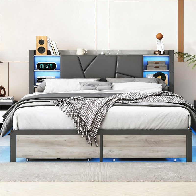Tweepersoonsbed – Dubbelbed – Bedframe – Slaapbank – Opbergbed – 160 x 200 cm – PU Kunstleer Zwart – USB Poorten & LED Verlichting – Met Lade Opbergruimte