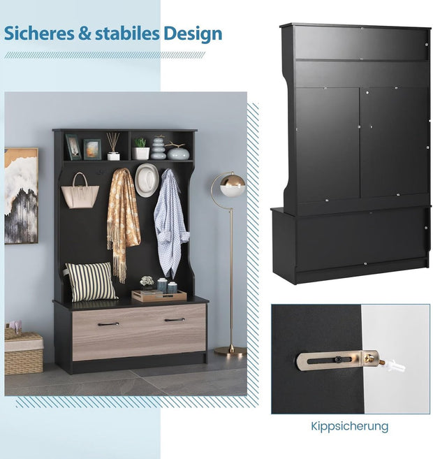 Kapstok met zitbank en 5 haken - Ruimtebesparende Garderobe met Opbergruimte voor Entree en Slaapkamer