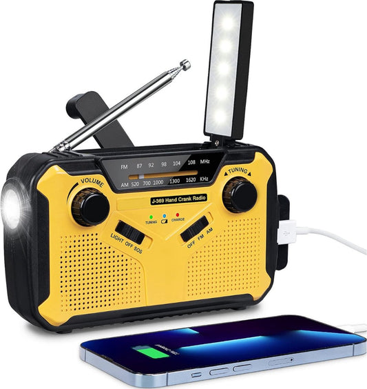 Emergency Radio Solar Wind-up - Emergency Radio Wind-up - Wind-up Radio - Powerbank Solar Energy - 3000mAh Battery - USB Charging - Yellow