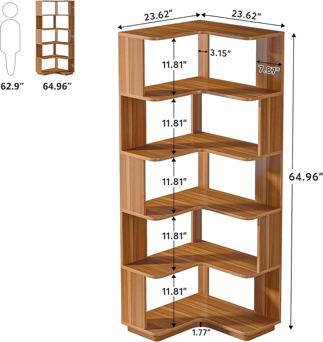 Boekenkast - Hoek Boekenkast met 6 Planken - Industrieel Grote Hoekplank - Spaanplaat - Bruin - 60 x 60 x 165 cm