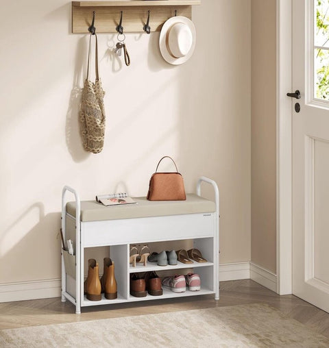 Schoenenbank met zitvlak - schoenenrek - zitbank met opbergruimte onder het deksel - PU-organizer - handgrepen - voor hal - woonkamer - slaapkamer - wolkenwit + cappuccinobeige