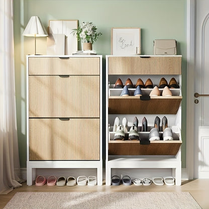 Shoe Storage Cabinet with 2 Flip Drawers And A Drawer, Entryway Cabinet with Adjustable Shelves, Can Accommodate 12 to 20, Space-Saving Narrow Shoe Rack for Entryway, Hallway, Front Door