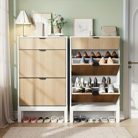 Shoe Storage Cabinet with 2 Flip Drawers And A Drawer, Entryway Cabinet with Adjustable Shelves, Can Accommodate 12 to 20, Space-Saving Narrow Shoe Rack for Entryway, Hallway, Front Door