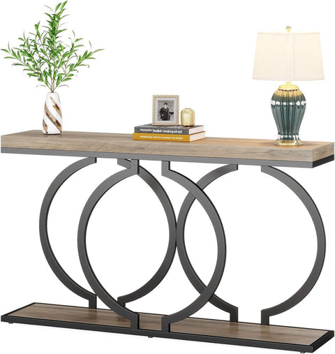 Consoletafel - Sidetable - met O-vormige Gouden Metalen Poten - Haltafel - Wandtafel - 140x30x80 cm - Grijs en Zwart - Metaal en Hout - Modern - Console Tafel