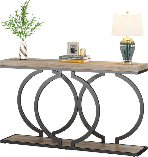 Consoletafel - Sidetable - met O-vormige Gouden Metalen Poten - Haltafel - Wandtafel - 140x30x80 cm - Grijs en Zwart - Metaal en Hout - Modern - Console Tafel