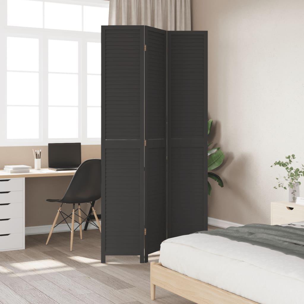 Room Divider with 3 Panels Made of Solid Black Paulownia Wood