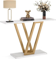 Console Tafel - Bijzettafel - Sidetable Modern - met Metalen Basis in Roostervorm - Metalen Frame - Wit en  Goud - 110 x 30 x 80 cm