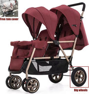 Duo kinderwagen - Duo buggy - Tweeling kinderwagen - Dubbele kinderwagen - Opvouwbaar - Met regenhoes - Rood/Goud/Zwart
