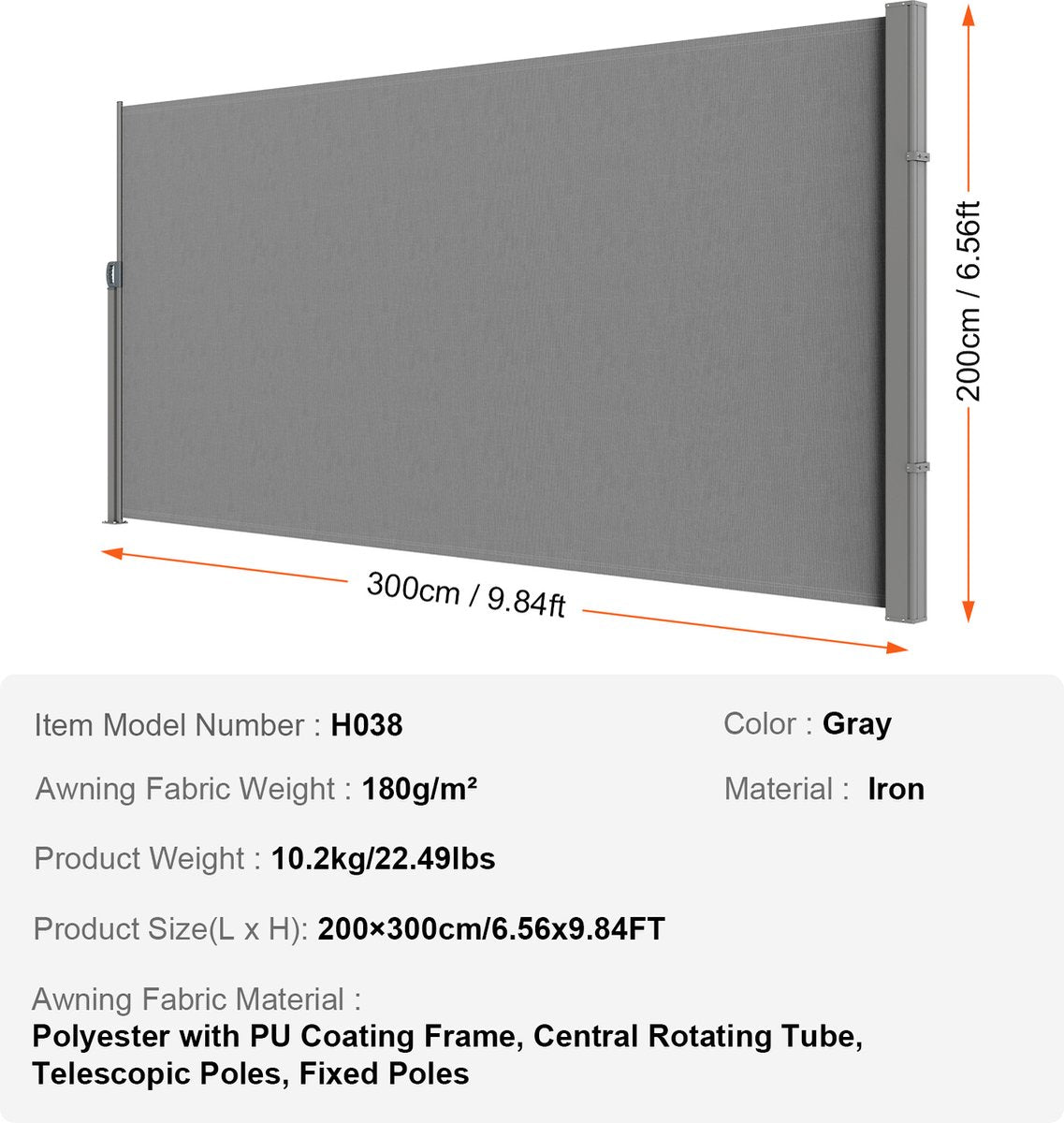 Zijluifel - 200x300 cm - Gemaakt van 180 g/m² Polyesterweefsel met PU-coating - met Uittrekbare Handgreepriemen en Veermechanisme - voor Balkons en Terrassen - Grijs