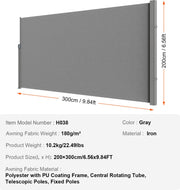 Zijluifel - 200x300 cm - Gemaakt van 180 g/m² Polyesterweefsel met PU-coating - met Uittrekbare Handgreepriemen en Veermechanisme - voor Balkons en Terrassen - Grijs