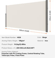 Zijluifel - 200 x 300 cm - Polyesterweefsel (180 g/m²), PU-coating, met Uitschuifbare Handgreep en Veermechanisme, voor Balkons en Terrassen, Beige