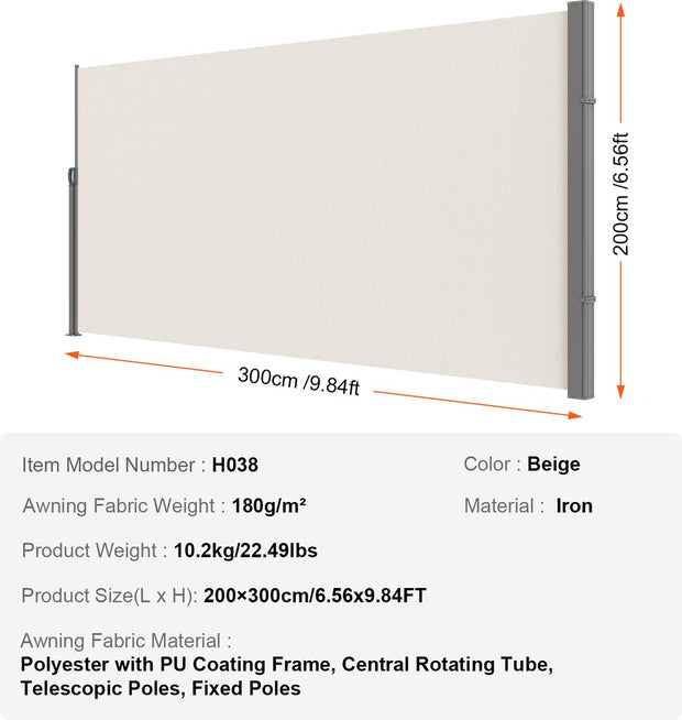 Zijluifel - 200 x 300 cm - Polyesterweefsel (180 g/m²), PU-coating, met Uitschuifbare Handgreep en Veermechanisme, voor Balkons en Terrassen, Beige