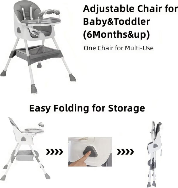 Kinderstoel - Babystoel - Baby stoel - Baby eetstoel - babystoel voor aan tafel - Opvouwbaar - Verstelbaar - Met speelboog - Grijs