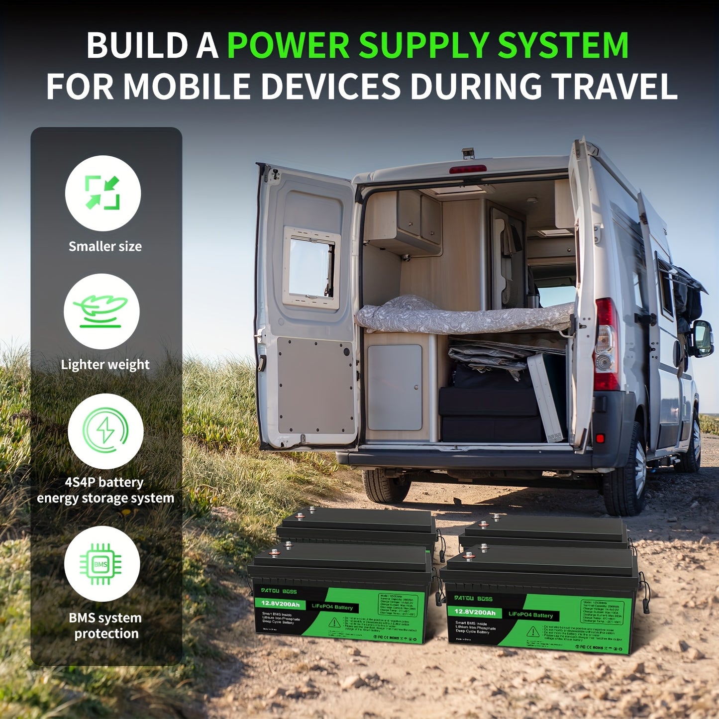 LiFePO4 Accu – Lithium Batterij – Deep Cycle Accu – Solar Accu – RV Batterij – 12,8V 200Ah – 200A BMS Bescherming – Tot 15000 Cyclus Levensduur