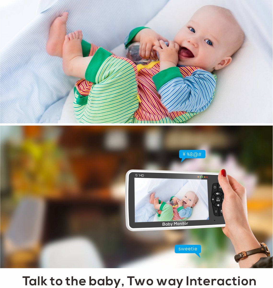 Baby Monitor - Temperature Sensor - Nightlight - Remote Control - Music - 5 Inch - Screen - Video - Baby Monitor With Camera And Audio - 4X Zoom - 22Hrs Battery Life - 1000ft - Range - 2-Way - Audio - Power Saving - Intercom