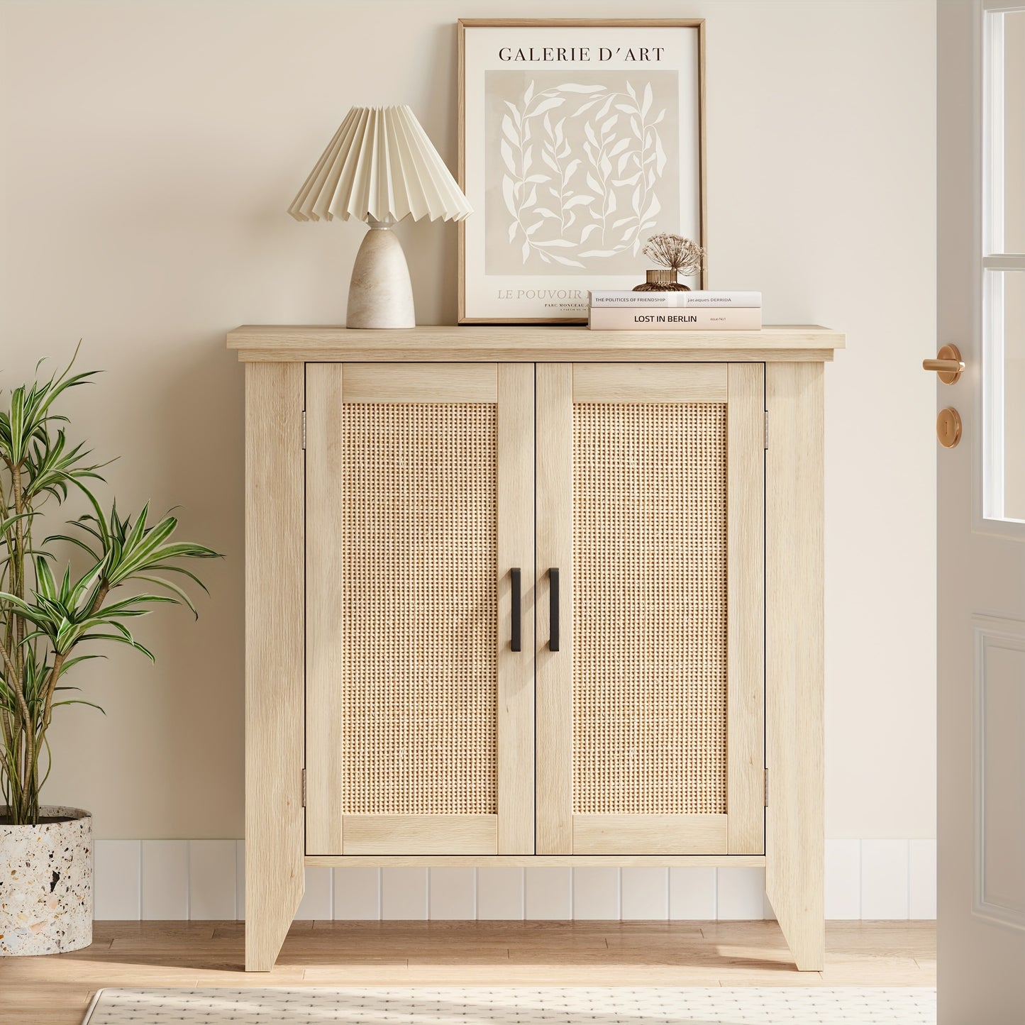 Dressoir – Sideboard – Kast – Opbergkast – Buffetkast – Set Van 2 – Natuurlijke Eikenhout Afwerking – Compact 76x40x80 cm Met Rattan Elementen