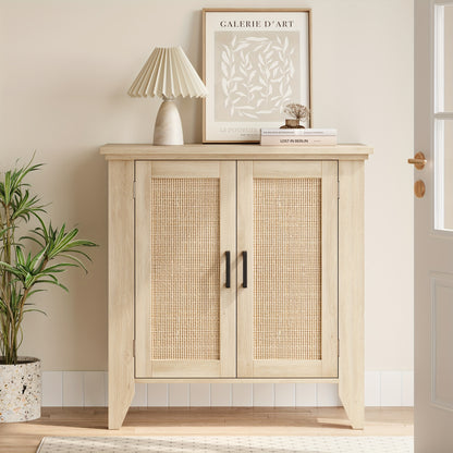 Dressoir – Sideboard – Kast – Opbergkast – Buffetkast – Set Van 2 – Natuurlijke Eikenhout Afwerking – Compact 76x40x80 cm Met Rattan Elementen