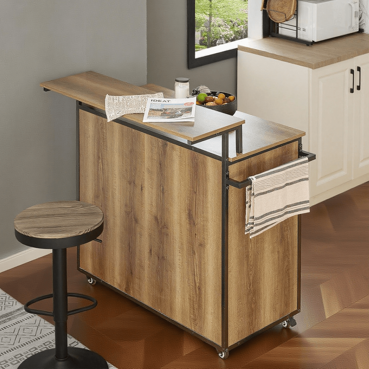 Keukenkast – Keukeneiland – Buffetkast – Opbergkast – Keukenmeubel – Hout – Met 3 Laden & 2 Deuren – Met Wielen & Handdoekhouder – 113x69x106 cm