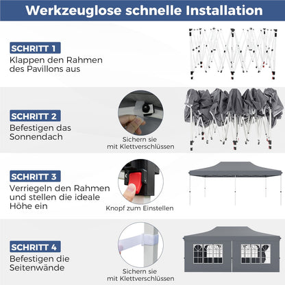 Paviljoen 3x6 M – Tuin Tent – Partytent – Overkapping – Garden Gazebo – Waterdicht – UV Bescherming SPF 50+ – Stevig Met Zijwanden En Zandzakken – Grijs