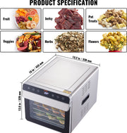 Dehydrator – 700W – 6 Dienbladen – 35-85℃ Temperatuurregeling – Geschikt voor het Drogen van Vlees, Fruit en Groenten – Ideaal voor Keukens en Voedselbereiding
