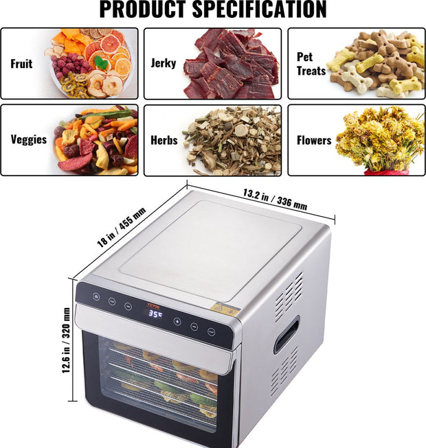 Dehydrator – 700W – 6 Dienbladen – 35-85℃ Temperatuurregeling – Geschikt voor het Drogen van Vlees, Fruit en Groenten – Ideaal voor Keukens en Voedselbereiding