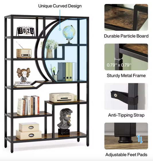 Boekenkast - Plankenkast - Open Kast - Hout - 6 laags - Industrieel - Zwart metaal - Donker hout - 100x175x30