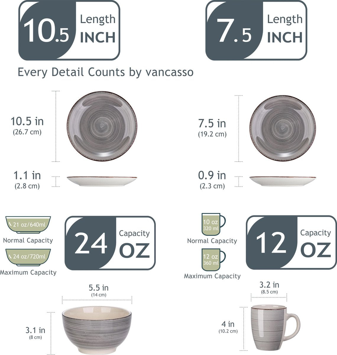 Ceramic dinnerware set - 16 pieces - 4 persons - Dinner plate - Dessert plate - Grain bowl - Drinking mug