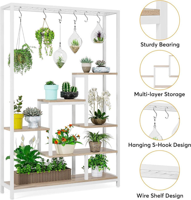 Plantenrek - Plantenstandaard - Plantenrek voor Binnen en Buiten - Plantenrek met 5 Niveaus en 10 S-haken - Wit en Grijs - 100 x 30 x 180 cm