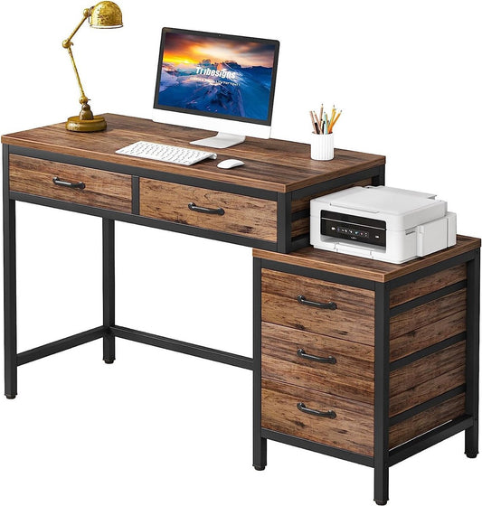 Bureau - Bureau met 5 Schakelbare Ladekast - Computerbureau - Computer Tafel - Bureautafel Bruin - 130 x 45 x 82 cm