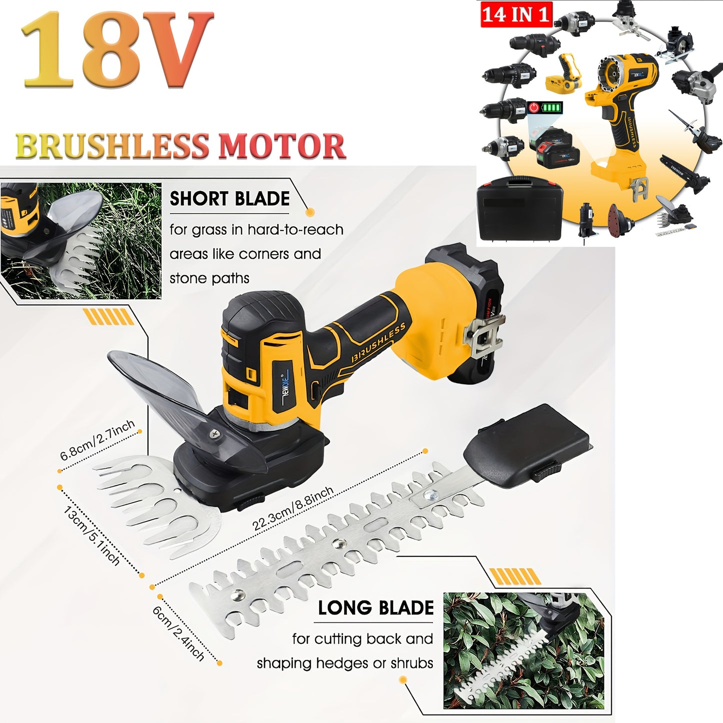 18V Draadloze Multitool – Boormachine – Decoupeerzaag – Cirkelzaag – Kettingzaag – 14-in-1 Combo Set – 2 x 4.0Ah Lithium Batterijen – Borstelloze Motor – Geel