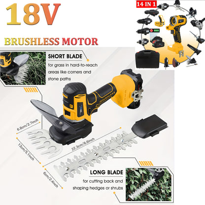 18V Draadloze Multitool – Boormachine – Decoupeerzaag – Cirkelzaag – Kettingzaag – 14-in-1 Combo Set – 2 x 4.0Ah Lithium Batterijen – Borstelloze Motor – Geel