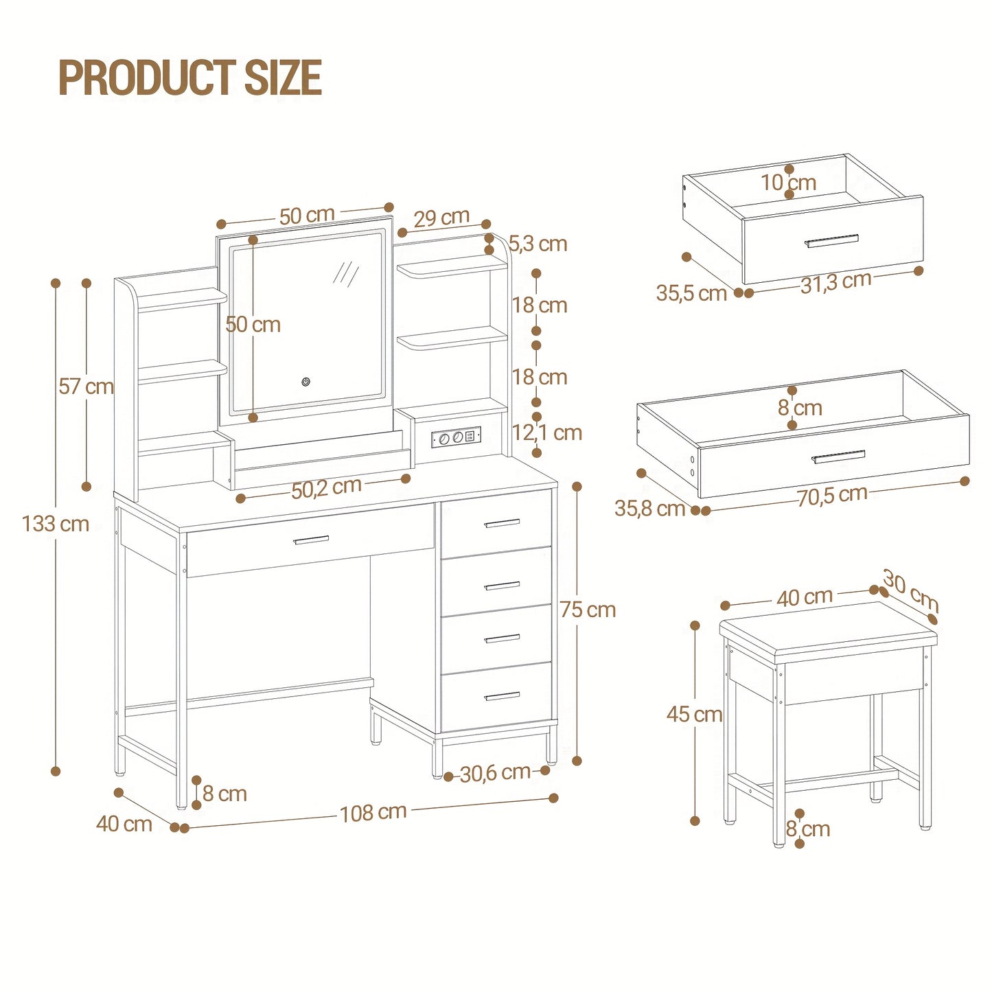 Kaptafel – Make-Up Tafel – Visagie Tafel – Schminktafel – Dressing Table – Met LED-Verlichting En USB-Aansluiting – Modern Wit-Gouden Design