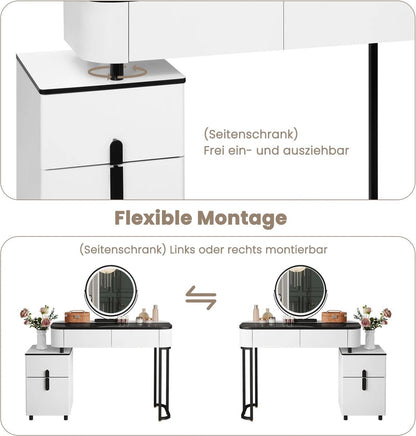 Dressing table - Make up table - Dressing table - Round mirror with LED lighting - Lots of storage space - Black and white - Drawers - Cabinets - 100cm surface - Girls - Women - Multiple configurations possible