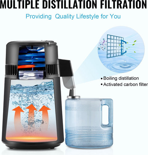 Waterdistilleerapparaat-1 L/uur-4L -  Distilleerapparaat roestvrij staal - 750W - Distilleerapparaat met één - Temperatuurdisplay - Reinigingspoeder voor - Glazen karaf 3 - Koolstofpakketten - Zwart