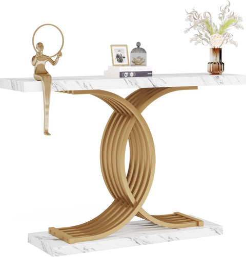 Modern Console Tafel - Dressoirtafel - met Geometrische Metalen Poten - Bijzettafel - Nep-Marmer en Metaal - Wit en Goud - 30 x 100 x 80 cm