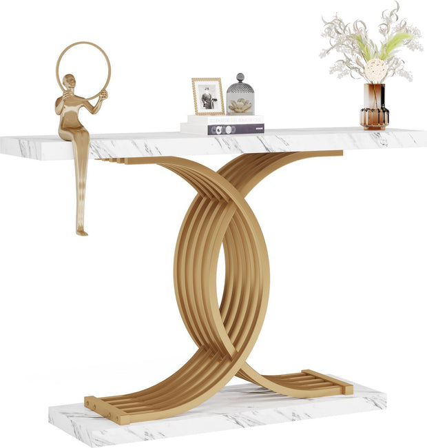 Modern Console Tafel - Dressoirtafel - met Geometrische Metalen Poten - Bijzettafel - Nep-Marmer en Metaal - Wit en Goud - 30 x 100 x 80 cm