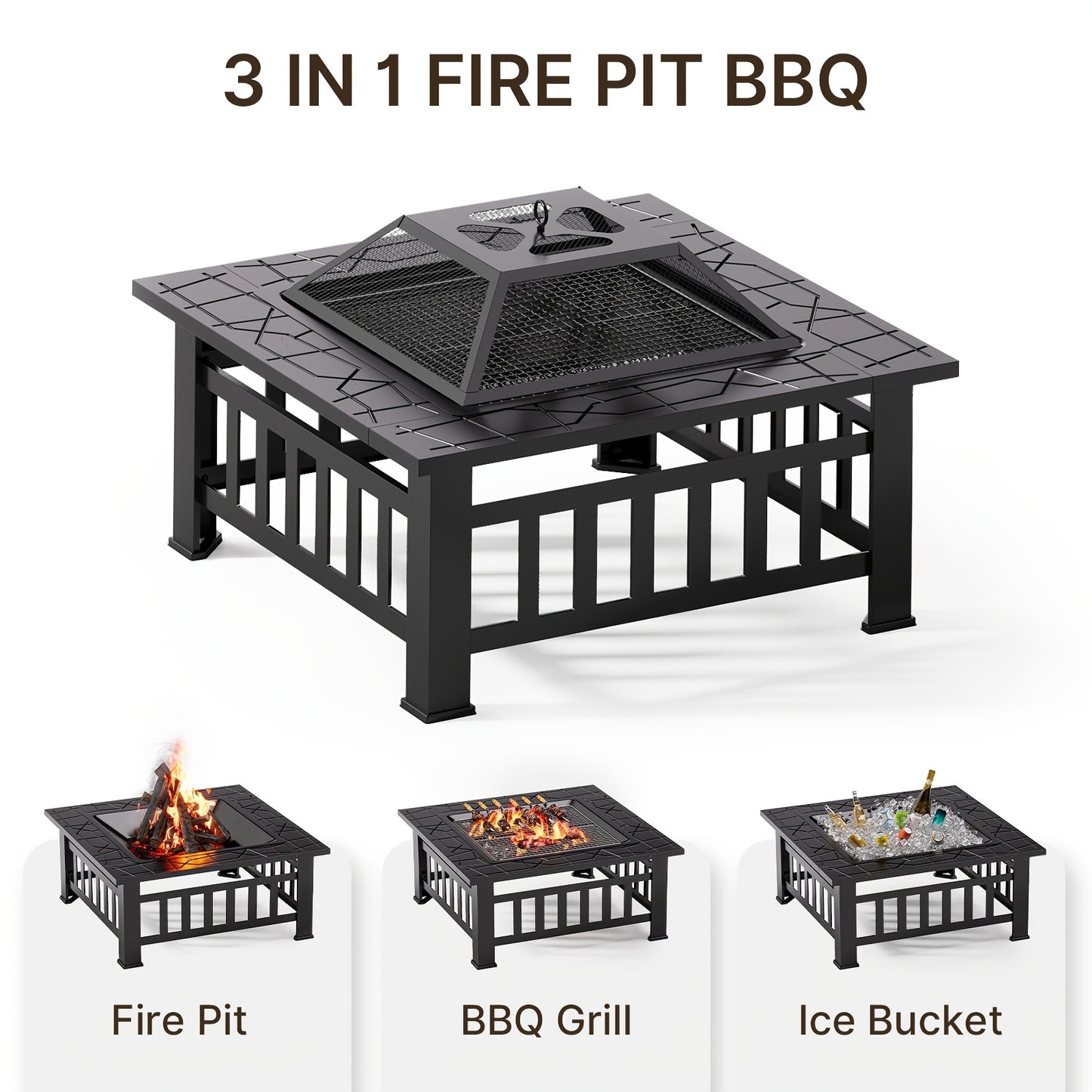 Vuurschaal Vierkant – Vuurkorf – BBQ Grill – Buitenhaard – Tuinhaard – Metaal – Spatscherm – 81x81x35 cm – Inclusief Waterdichte Afdekhoes