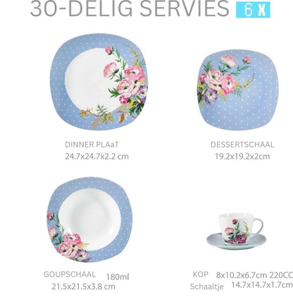 Luxe Serviesset - Bordenset - Kommen set - Soep Borden - Dessert Borden - Dinerborden - set van 30 - 6 persoons - Wit - Blauw - Bloemen