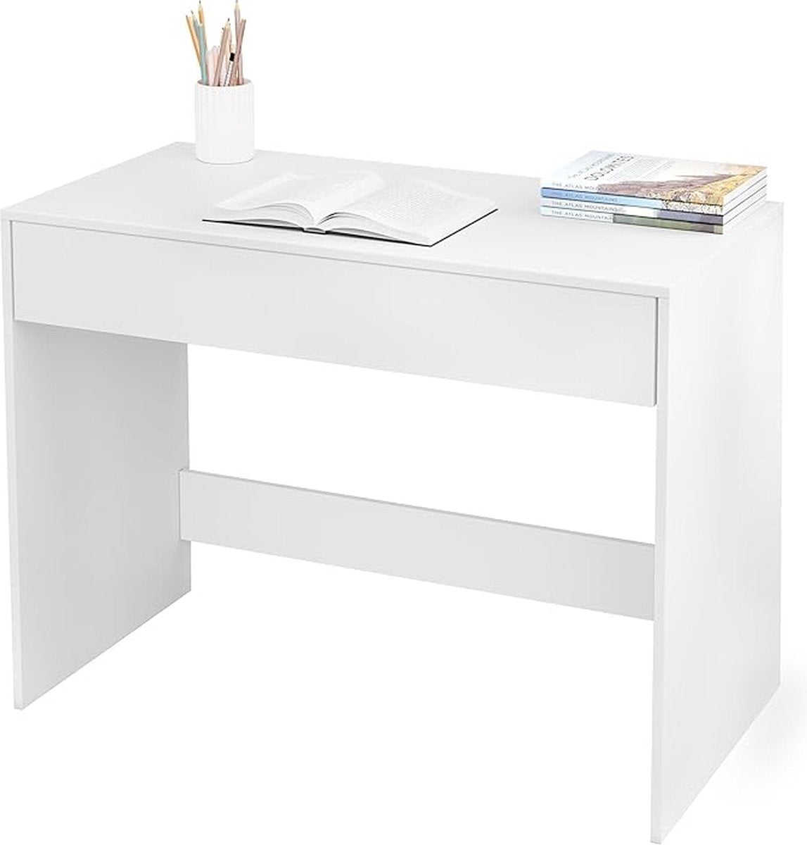 100 cm desk with drawer, suitable as computer desk, dressing table or work table for home or small office. Colour: white.
