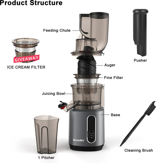 Slowjuicer - Sapcentrifuge - Cold Press - Groente en Fruit Blender - Ijsmaker - Krachtige Motor - Koude Pers - Groot Formaat - Met Extra Filter Meegeleverd - 25x25x44cm - 40-65Rpm - 200W Motor - Grijs