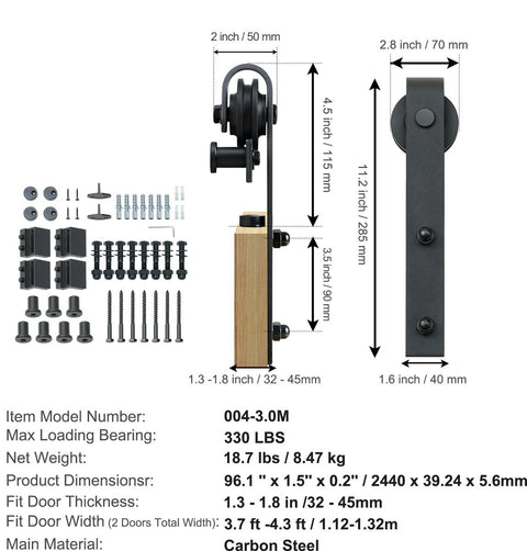 Schuifdeurbeslag - J-Vormig Systeem - 244 cm - 150 kg Draagvermogen - Soepel en Stil Glijden - Eenvoudige Installatie - Geschikt Voor Dubbele Deuren - Perfect Voor Slaapkamers, Kasten, Badkamers