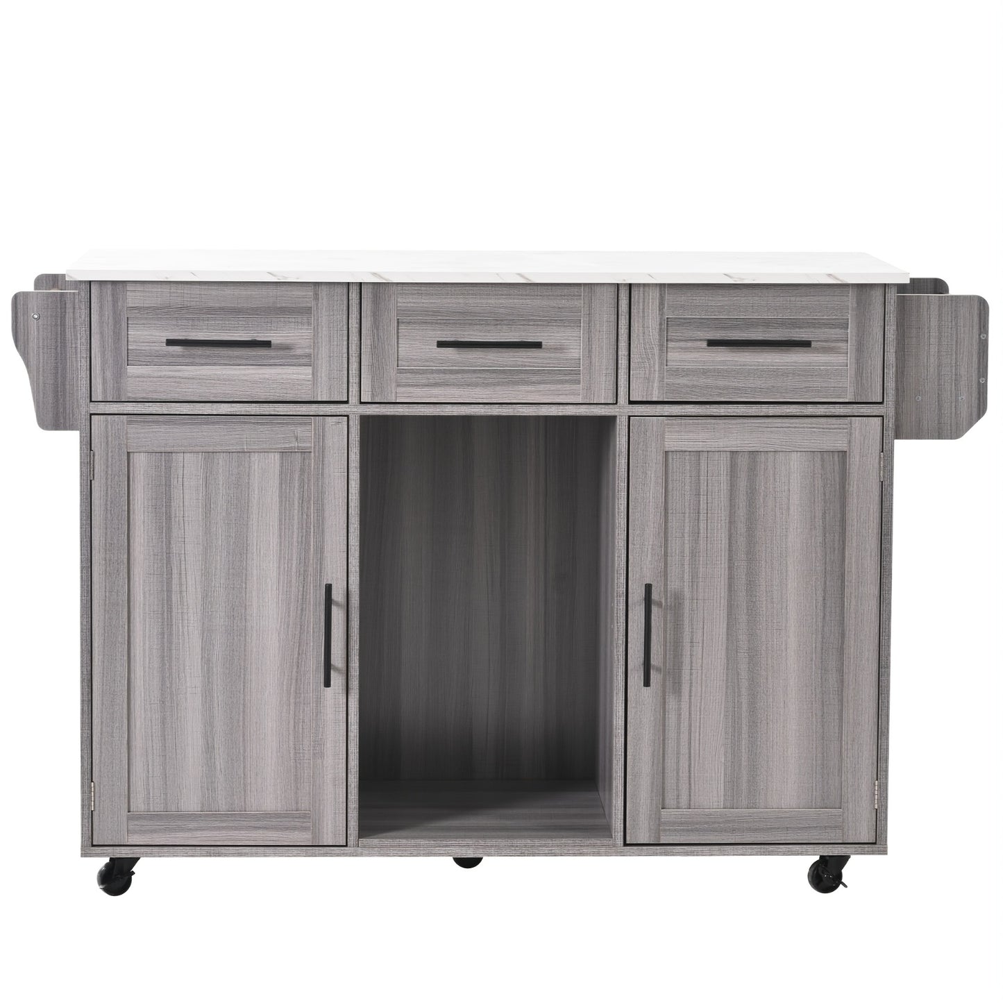 Dressoir – Opbergkast – Ladekast – Buffetkast – Wandkast – Grijs Houten Fineer – Wit Marmeren Werkblad – Inklapbare Werktafel – Compact 139x46(71)x91,5 cm