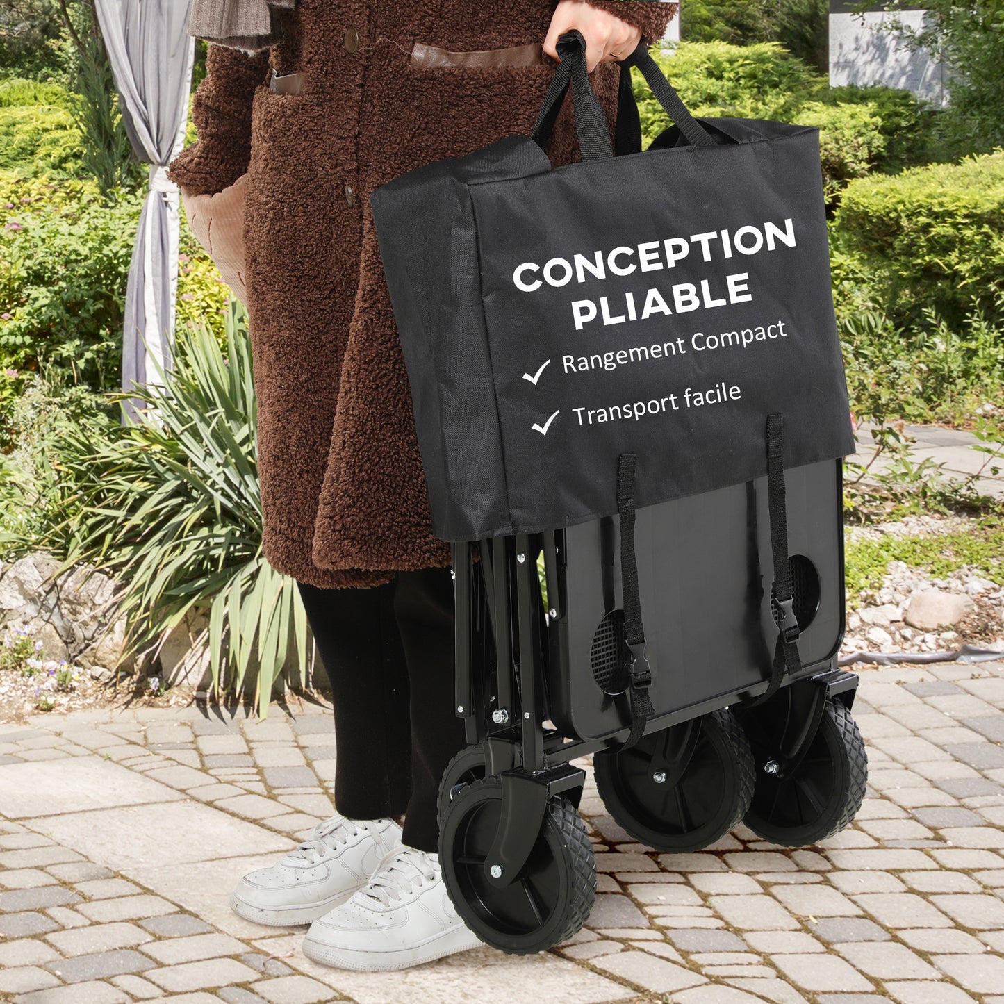Strandkar – Bolderkar – Transportkar – Opvouwbare Bolderwagen – Trekkar – Verstelbare Telescoopgreep – Opvouwbare Tafelplaat – Polyester Stalen Frame – 117x51x100 cm – Zwart
