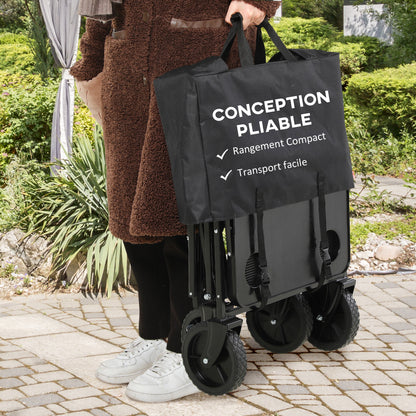 Strandkar – Bolderkar – Transportkar – Opvouwbare Bolderwagen – Trekkar – Verstelbare Telescoopgreep – Opvouwbare Tafelplaat – Polyester Stalen Frame – 117x51x100 cm – Zwart
