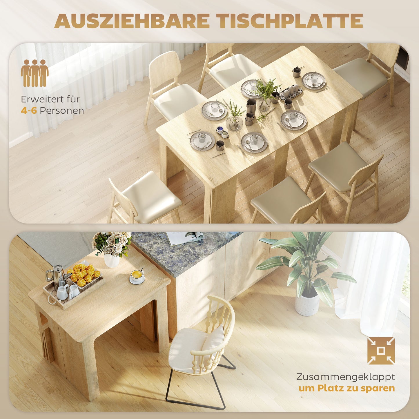 Uitschuifbare Eettafel – Uitklapbare Tafel – Keukentafel – Eetkamertafel – Vouwtafel – Natuurlijk Design – 60-180x85x75 cm – Stevig Spaanplaat