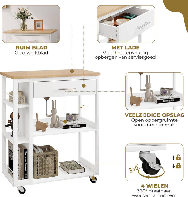 Keuken Trolley Met Werkblad - Keukentrolley op Wieltjes – Met Lade en Open Planken - Inclusief Rem voor de wieltjes - Mobiele Kruideniers Kast / Opbergrek - Wit