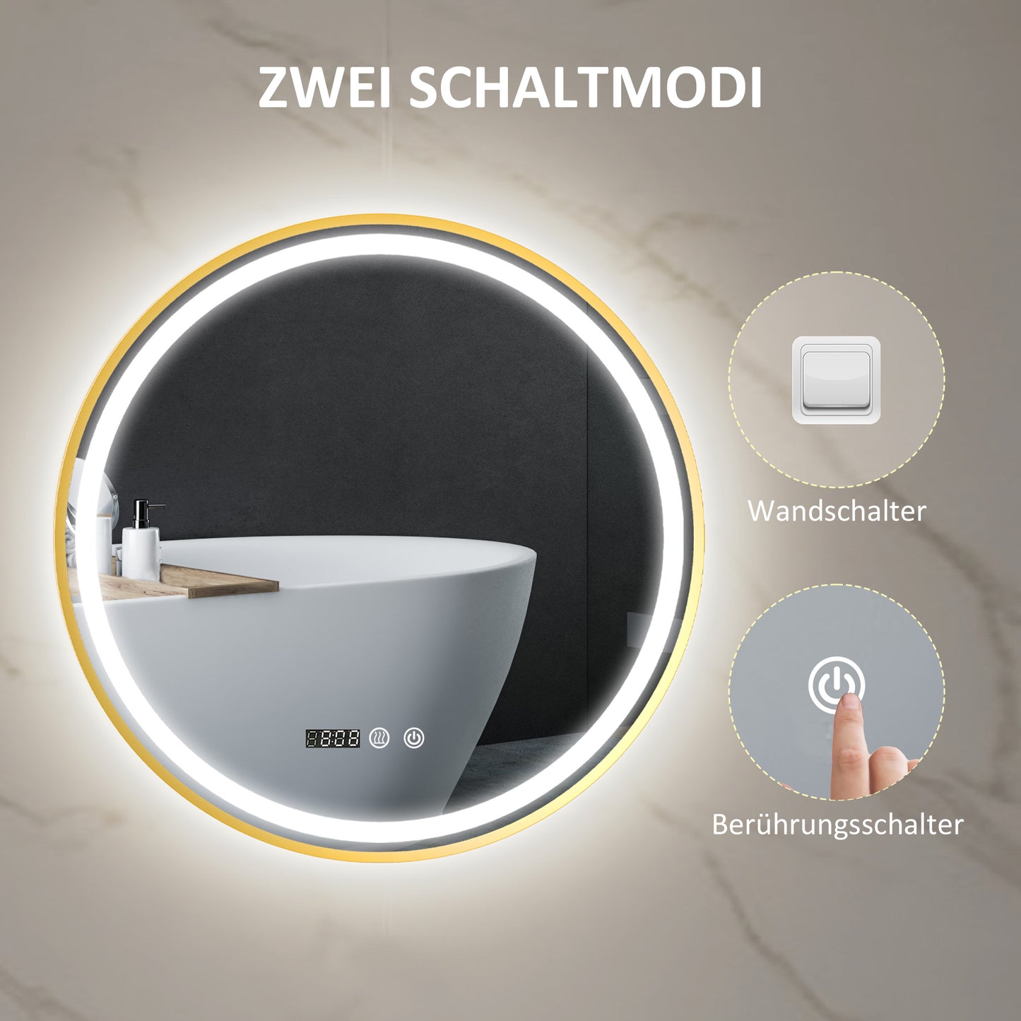 Ronde Badkamerspiegel – Spiegel Met LED Verlichting – Badkamerspiegel Met Antibeslag – Touch Spiegel – Digitale Badkamerspiegel – Goudkleurig Design – Zelfvoorzienende Stroom – Tijd- En Temperatuurweergave