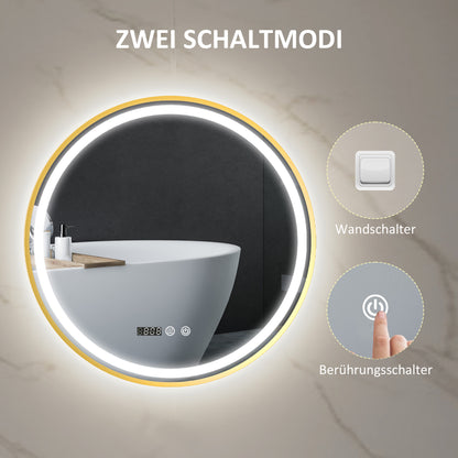 Ronde Badkamerspiegel – Spiegel Met LED Verlichting – Badkamerspiegel Met Antibeslag – Touch Spiegel – Digitale Badkamerspiegel – Goudkleurig Design – Zelfvoorzienende Stroom – Tijd- En Temperatuurweergave