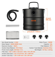 Elektrische Aszuiger - 1200W - Grote Capaciteit van 20 Liter - HEPA Systeem - Flexibele Slang van 1,2 m - Multifunctioneel voor Open Haarden - Tuinreiniging en Meer - Inclusief Aluminium Buis - Rollen en Filter - Zwart